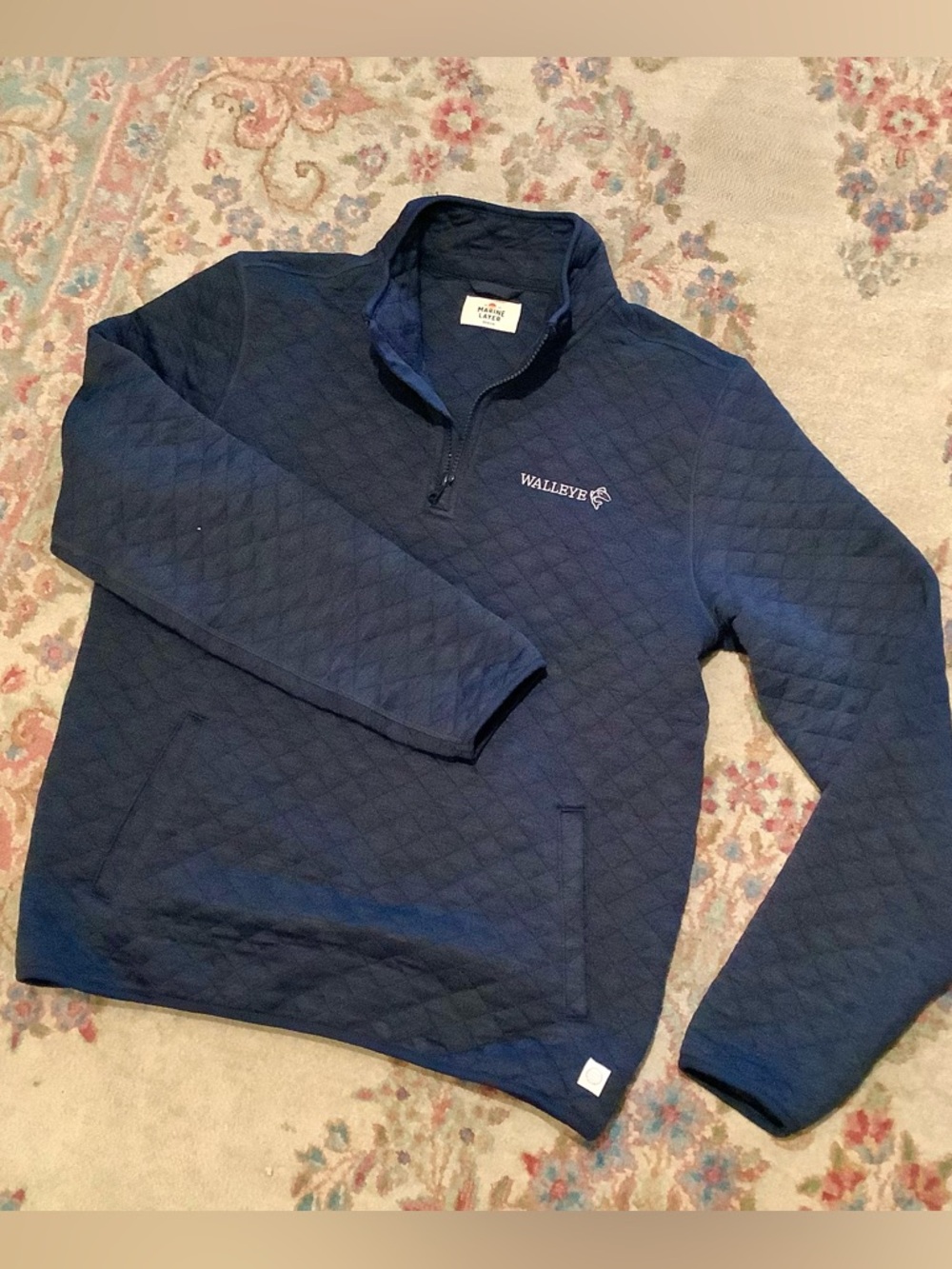 Marine Layer Corbet Quilted Navy Blue Quarter-Zip Pullover Logo Sz Med NWOT